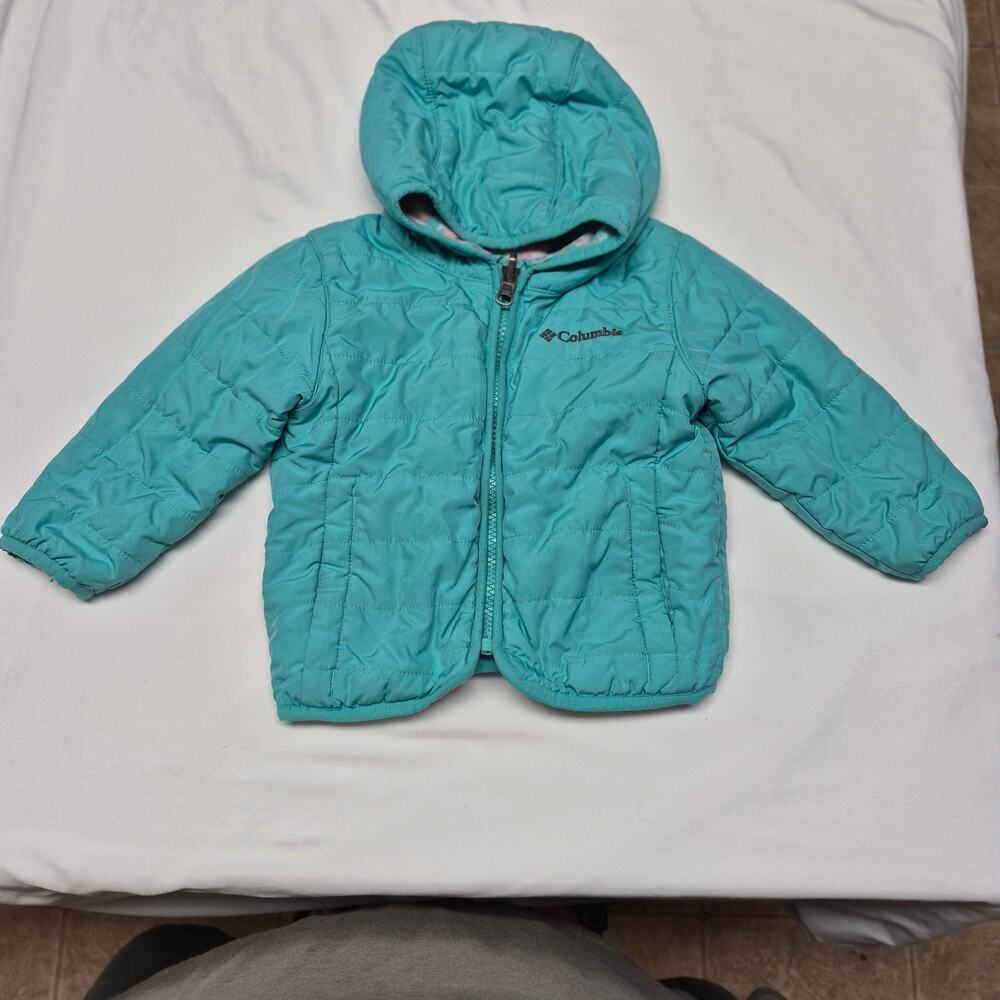 Columbia Double Trouble Reversible Jacket Baby 12-18M Aqua Pink Fleece Hooded